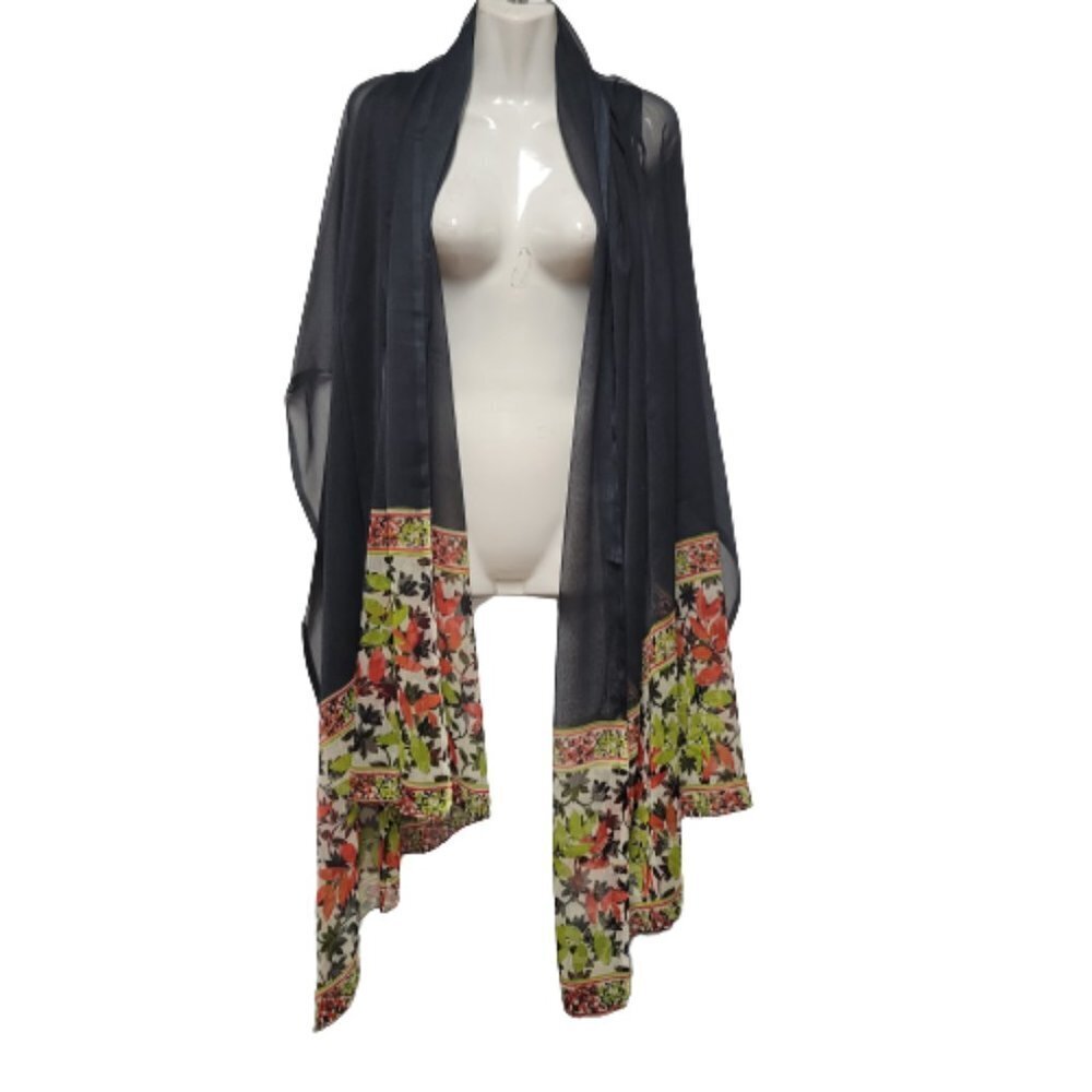 Black with Colorful Floral Bordered Large Wide Scarf or Dupatta Scarf